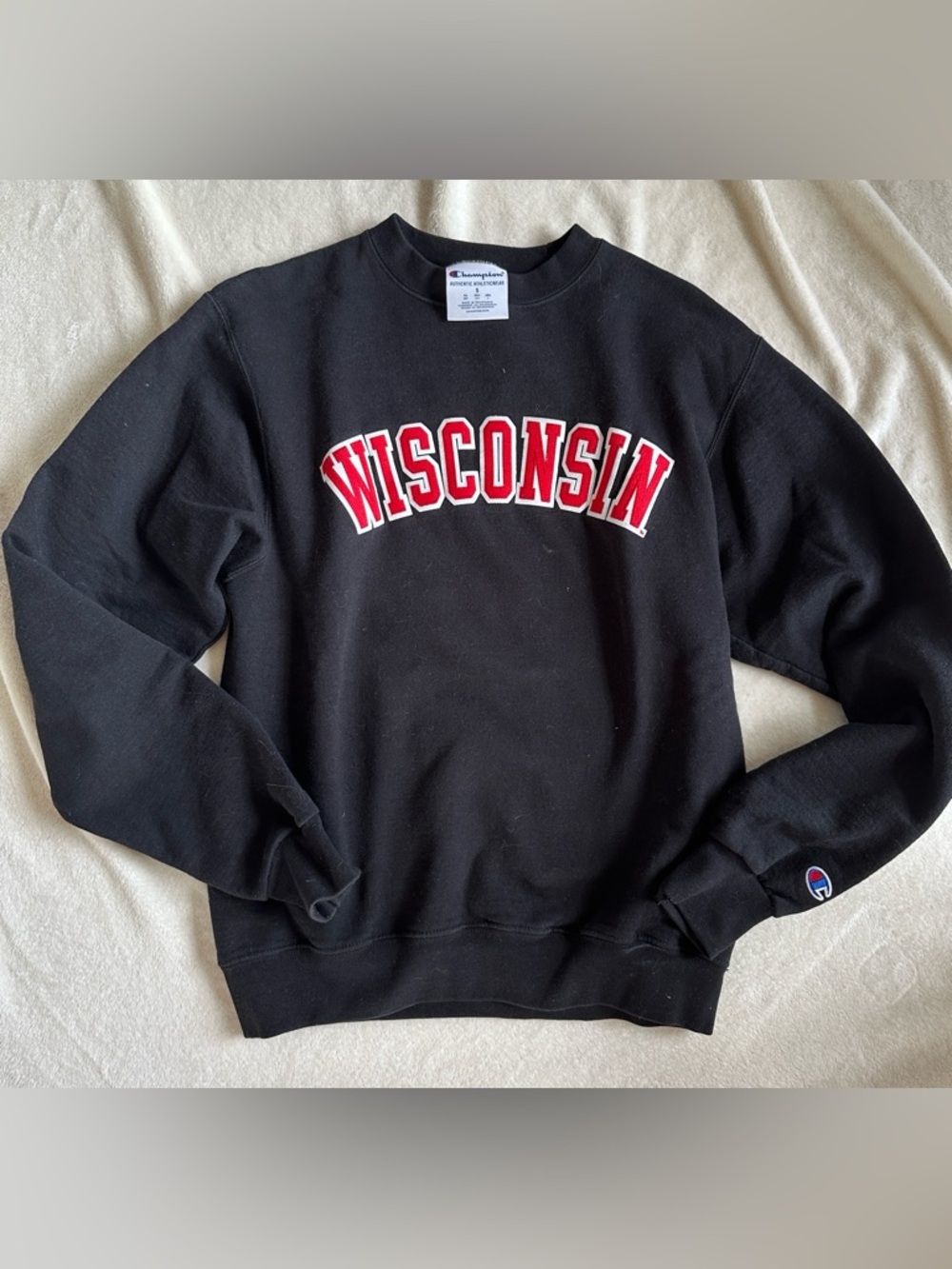 Champion Black Crewneck with Red Wisconsin Arch Logo small
